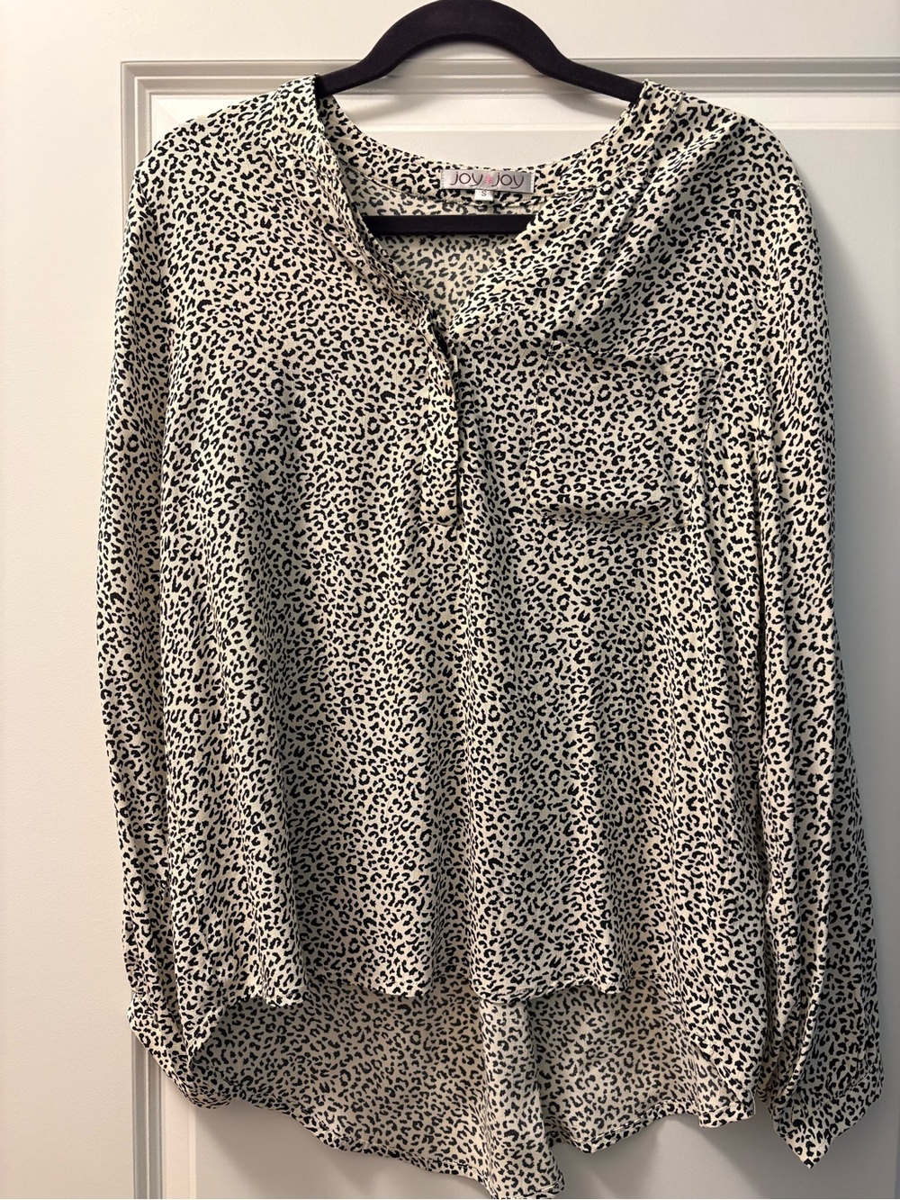 Joy Joy Cream and Black Leopard Print Button Henley Blouse